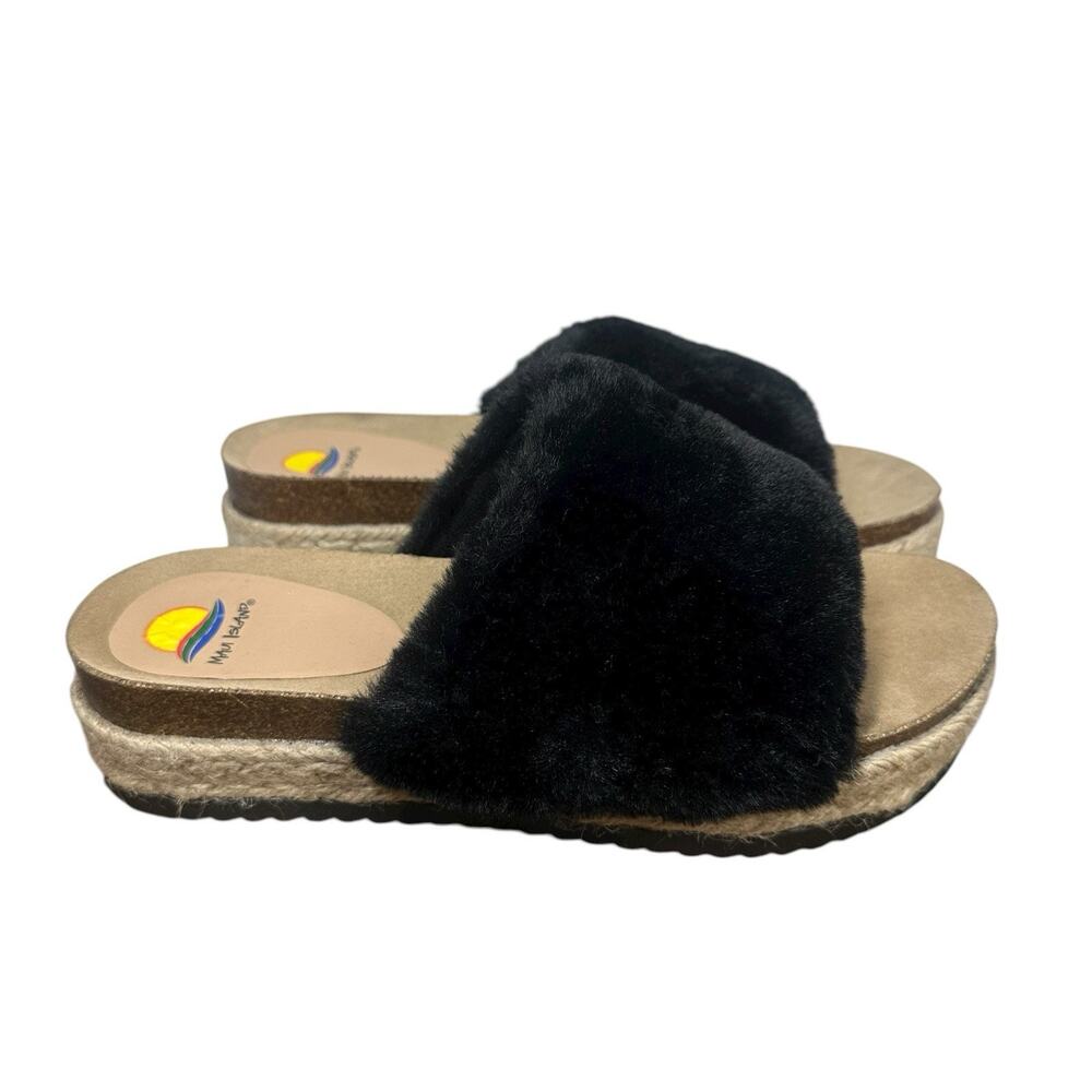 Maui Island Black Faux Fur Platform Wedge Slide Sandals Slippers Cork Footbed 10